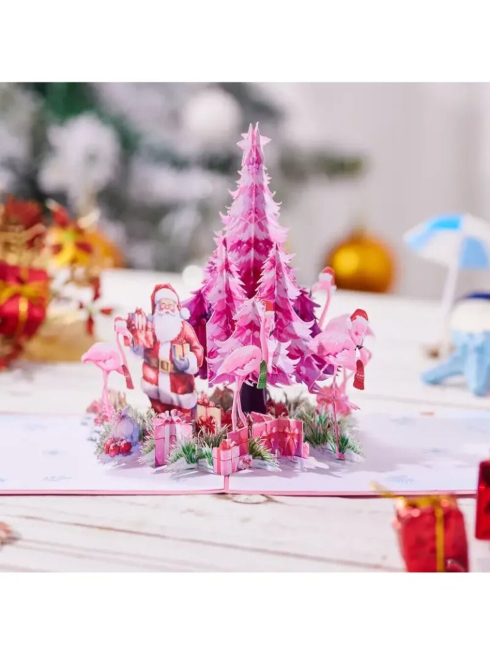 3D Christmas Card Flamingo Tree Santa Pink
